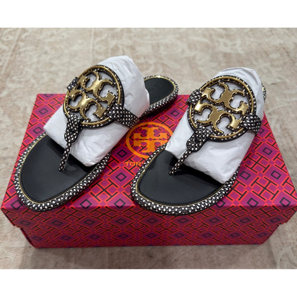 NWT Tory Burch Metal Miller Snake Print Thong Sandal Black White Size 7